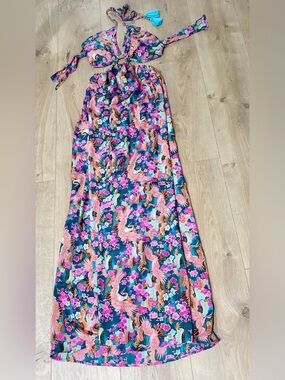 Halter Maxi Silk Dress in Teal and Pink Floral/ bird  Print